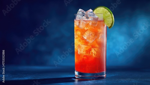 A tall, refreshing cocktail with a vibrant orange hue, ice cubes, and a lime garnish