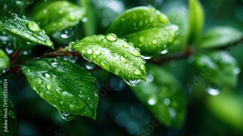 Vibrant green leaves covered in water droplets shine with freshness after a gentle rain, symbolizing renewal, nature's beauty, and the vitality of life in a refreshing perspective.