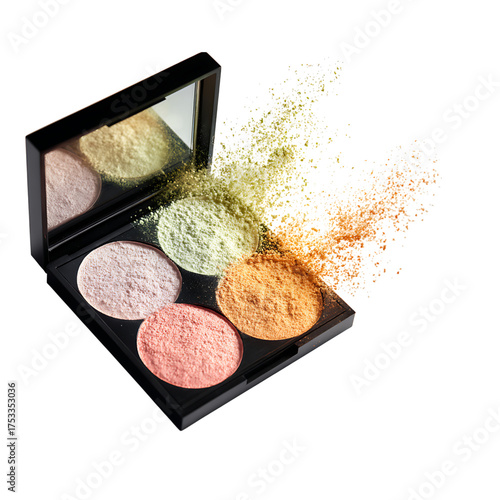 Stunning eyeshadow palette with vibrant, glittering colors spills for a dramatic beauty effect, perfect for cosmetics advertising and makeup tutorials