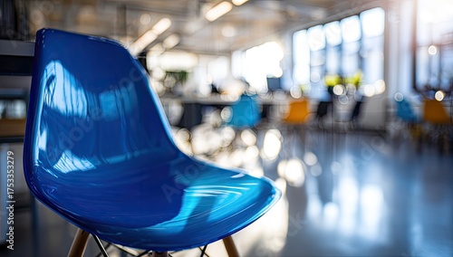Blue chair in focus, blurred open-plan office with natural light streaming through the windows