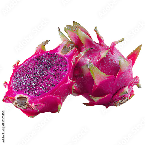Vibrant dragon fruit cut in half, showcasing exotic pink flesh and tiny black seeds, a healthy and delicious tropical treat, perfect for summer recipes