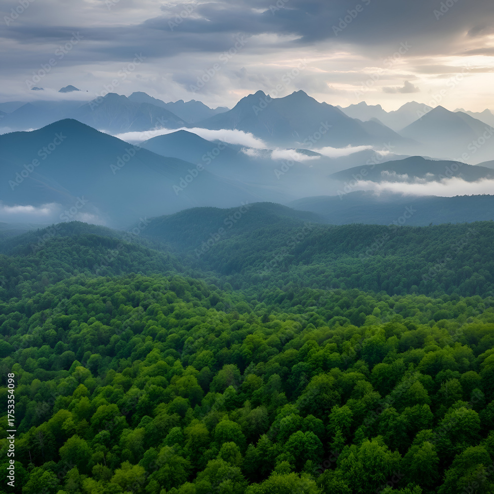 Fototapeta premium Lush Forest Canopy and Misty Mountain Ranges Under a Cloudy Sky
