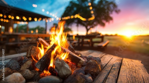 A warm campfire crackles invitingly under a stunning sunset, creating a cozy and tranquil atmosphere perfect for gatherings in nature.