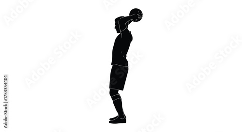 Basketball player silhouette holding ball overhead, profile view on white background