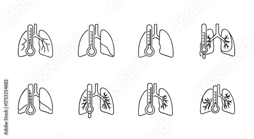 A set of eight line drawings of human lungs with trachea and bronchi in various healthy and diseased states on a white background.