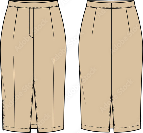 Women’s pencil skirt front and back view, high waist, darts shaping, center slit, concealed zipper, fashion apparel technical flat sketch