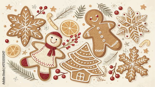 Assortment of christmas gingerbread cookies with icing and festive decorations on a light background