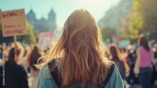 A woman with long, wavy hair stands in a crowd, holding a sign that reads 'Women's March'. The scene is set in a city street with buildings and trees in the background.