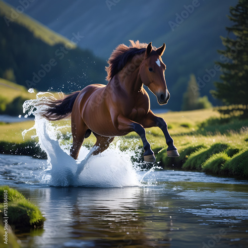 A spirited horse leaps gracefully across a crystal-clear mountain stream, its powerful form suspended midair as splashes of water shimmer in the sunlight.