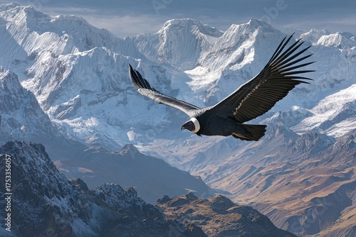 A majestic bird soars effortlessly against a backdrop of snowy mountain peaks and deep valleys