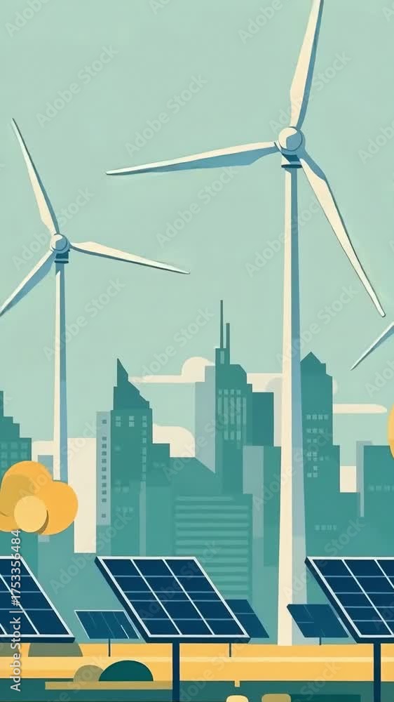 Sustainable city powered by wind turbines and solar panels promotes ...