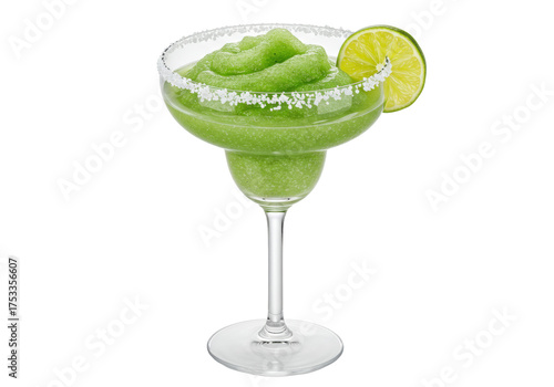Isolated frozen lime margarita cocktail drink with sugared rim and slice garnish, clear glass