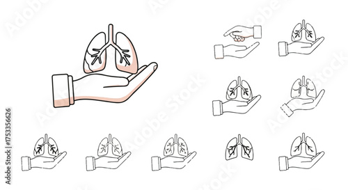 A graphic illustration of a hand holding lungs with a trachea, surrounded by multiple smaller versions of the same icon in various orientations on a white background.