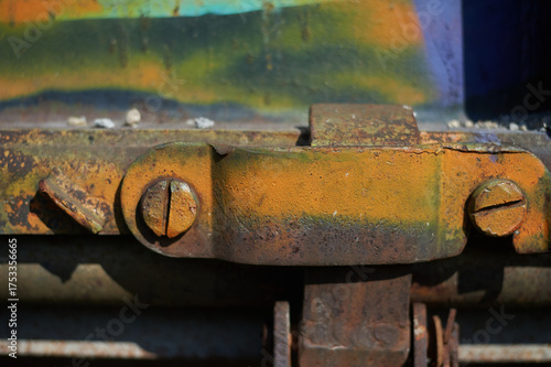 Paint on rusty metal. Rough style, background image. Railway, graffiti.