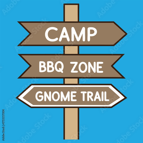 Wooden Camp Signpost Graphic with “CAMP,” “BBQ ZONE,” and “GNOME TRAIL” – Outdoor Adventure Tee for Nature Lovers