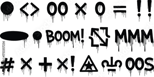 Graffiti Style Symbols Letters Black Font with Dripping Paint Effects Isolated