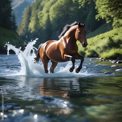 A spirited horse leaps gracefully across a crystal-clear mountain stream, The dynamic composition draws the viewer’s eye toward the perfect harmony between motion and nature, 