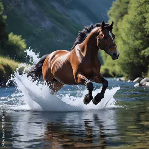 A spirited horse leaps gracefully across a crystal-clear mountain stream, The dynamic composition draws the viewer’s eye toward the perfect harmony between motion and nature, 