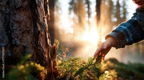 A young child gently touches the vibrant greenery of a forest, capturing the innocence and wonder of childhood while emphasizing the beauty of nature and exploration.