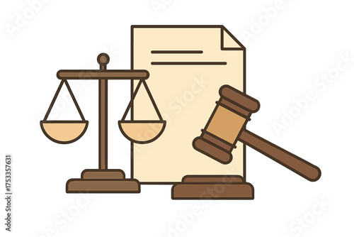 Scales of justice wooden gavel and official legal paper representing law and authority