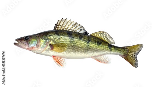 A side view of a yellow perch fish with dark stripes, fins, and a fan-shaped dorsal fin. Isolated against a white backdrop