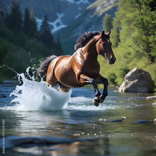 A spirited horse leaps gracefully across a crystal-clear mountain stream, its powerful form suspended midair as splashes of water shimmer in the sunlight.