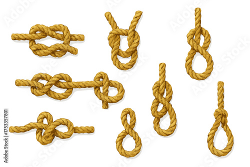Assortment of essential nautical and climbing knots tied with thick textured brown rope