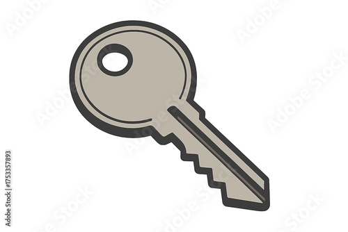 Simple gray metal key isolated on a white background representing security and property access