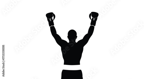 Victorious boxer silhouette with raised arms, celebrating success and achievement. Isolated on white background.