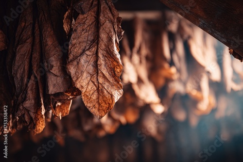 Close-up of aged, drying leaves, possibly for a specific agricultural purpose, with light effect