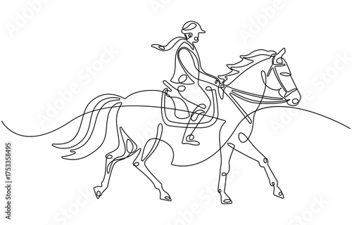 Horse rider in continuous line art drawing style.