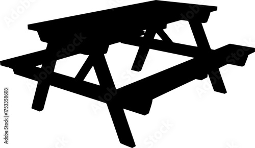 Picnic table silhouette. This image shows a black silhouette of a picnic table, which is a type of outdoor furniture used for dining and gatherings. Vector clipart illustration design.