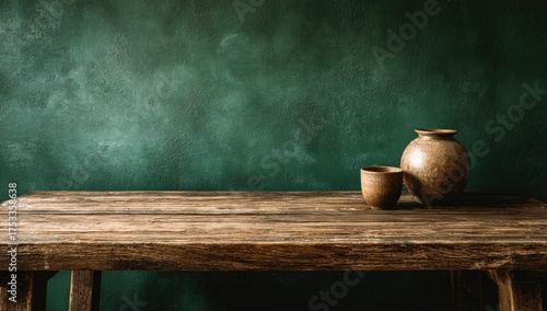 Rustic wooden table featuring ceramic vessels against a textured, dark green background
