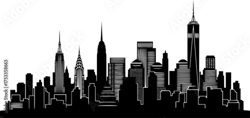 Skyline new york silhouette. This image shows the iconic skyline of New York City, highlighting Manhattan's skyscrapers and urban landmarks. Vector clipart illustration design