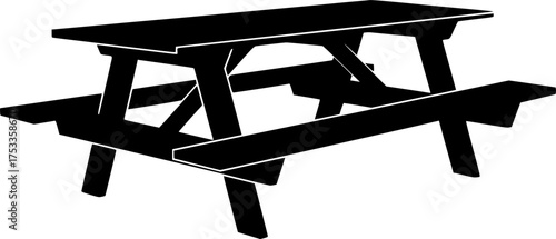Picnic table silhouette. This image shows a black silhouette of a picnic table, which is a type of outdoor furniture used for dining and gatherings. Vector clipart illustration design.