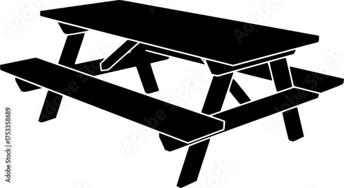 Picnic table silhouette. This image shows a black silhouette of a picnic table, which is a type of outdoor furniture used for dining and gatherings. Vector clipart illustration design.