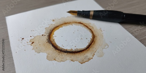 An ink pen rests on paper, with a coffee ring stain and small splatters