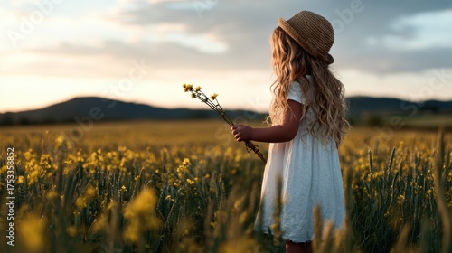 A young girl in a white dress stands in a sunlit field, playful in nature, holding yellow flowers and enjoying a moment of serenity surrounded by blooming scenery at dusk.