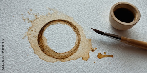 Close-up of watercolor effect on textured paper, with small cup, brush, and ring stain