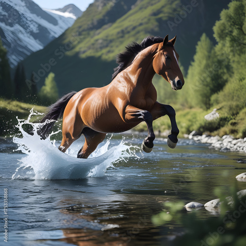 A spirited horse leaps gracefully across a crystal-clear mountain stream, its powerful form suspended midair as splashes of water shimmer in the sunlight.