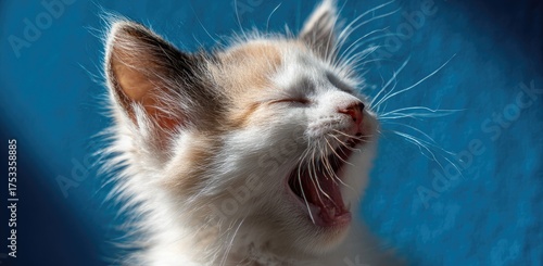 A close-up of a yawning kitten with multi-colored fur, set against a blurred blue background