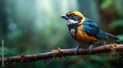 A vibrant bird with striking orange and blue plumage perches on a mossy branch in the forest, captured in exquisite detail amidst a soft, blurred green background.