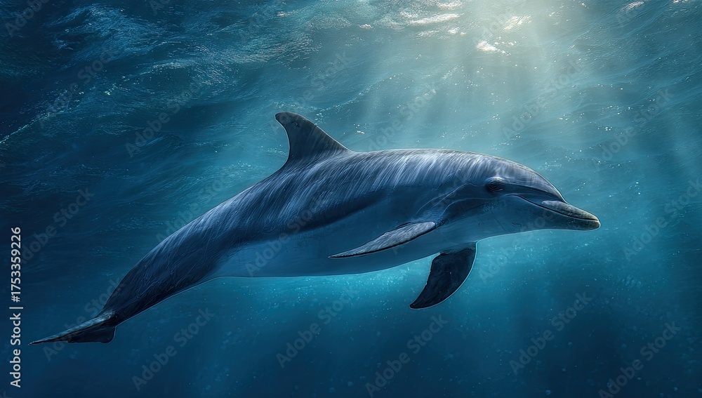 Naklejka premium A sleek dolphin swims effortlessly through sunlit, turquoise waters. Rays of light filter down