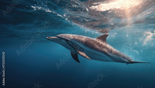 A lone aquatic mammal gracefully swims through the turquoise depths, illuminated by sunlight