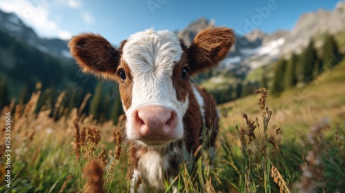 A curious calf gazes directly at the camera in a lush mountain meadow, illustrating the serene bond between nature and life, surrounded by breathtaking scenery and gentle landscapes.