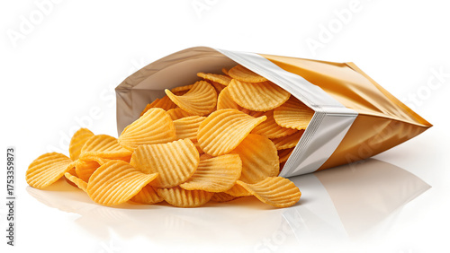Open bag of golden potato chips spilling out on white background