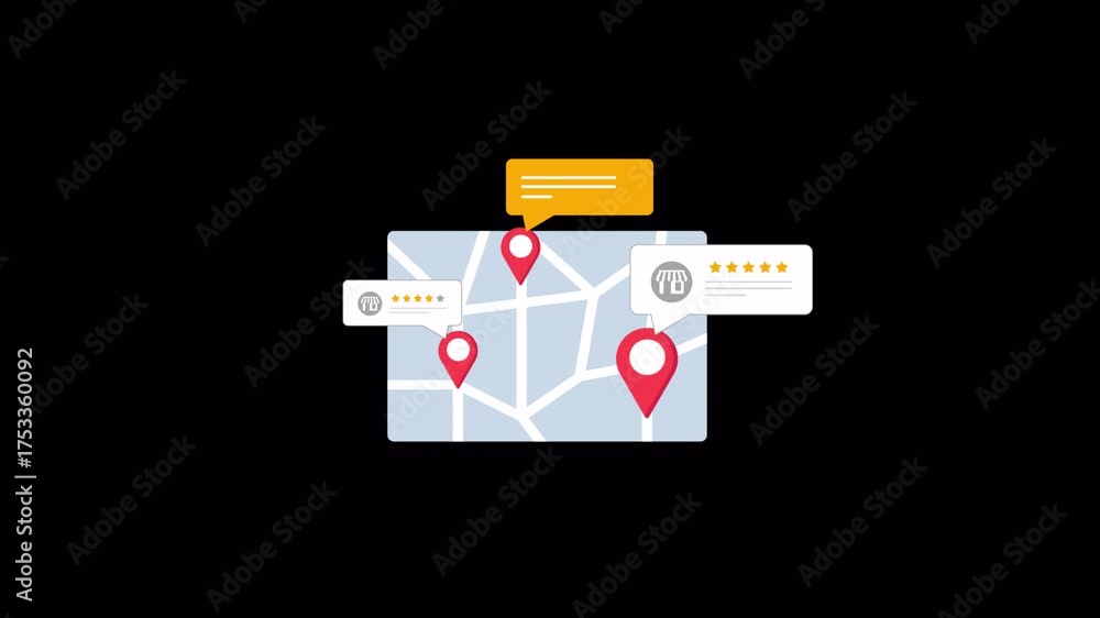 Store Location Animation Animated Map with Store Location Pins and Reviews. Local Business ...