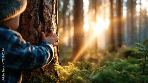 A small child is seen touching and embracing a tree trunk in a serene forest, capturing a moment of connection with nature amidst sunlight filtering through the trees.