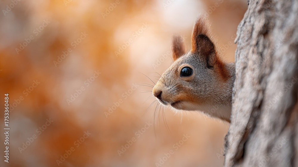 Fototapeta premium Eurasian red squirrel peeking curiously from behind a tree trunk in a vibrant autumn forest, creating a delightful wildlife scene filled with colorful foliage and natural beauty