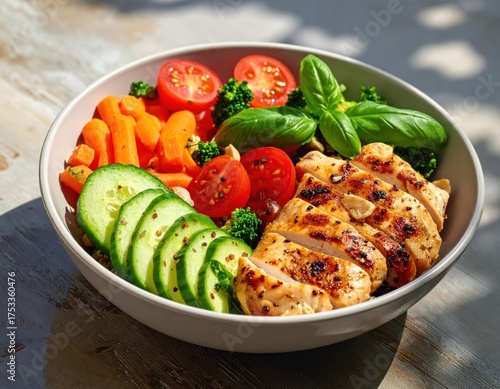 Healthy buddha bowl with grilled chicken and fresh vegetables for a diet lunch